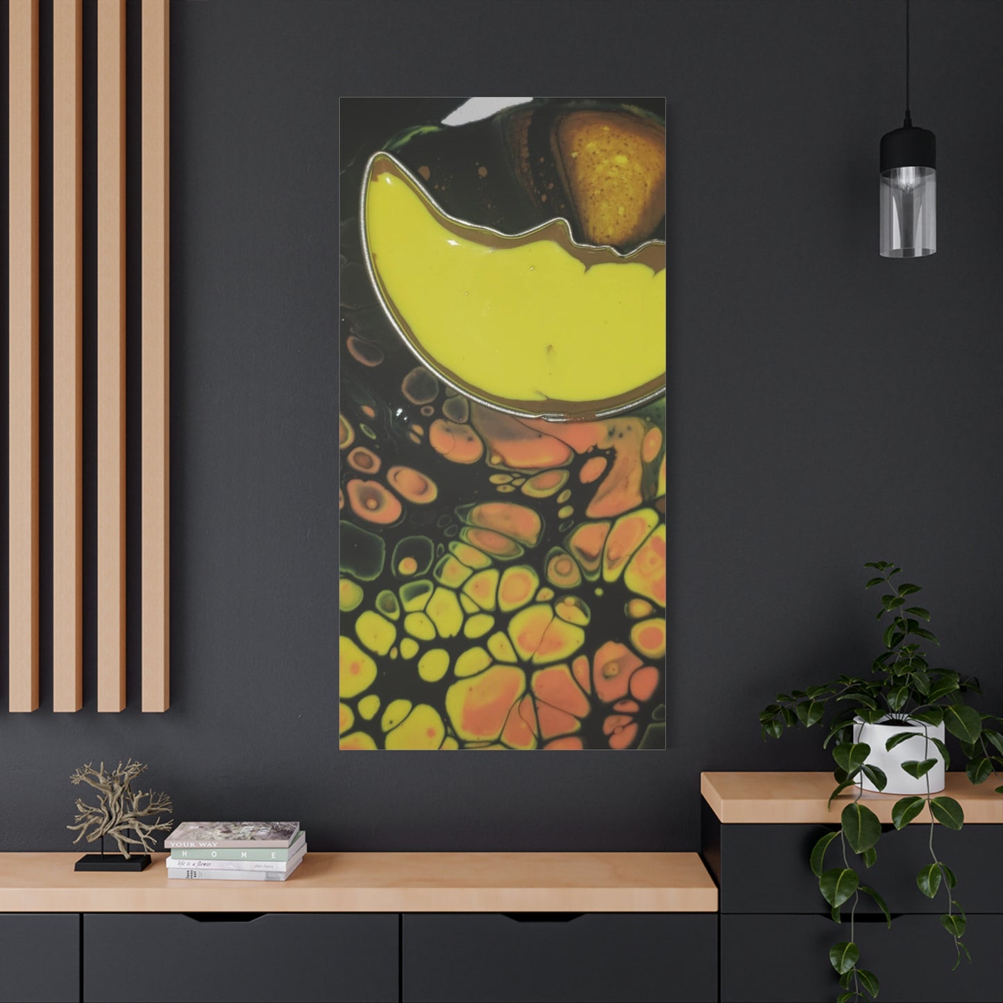 Abstract Fluid Art Canvas Print — Yellow & Black Cell Pour