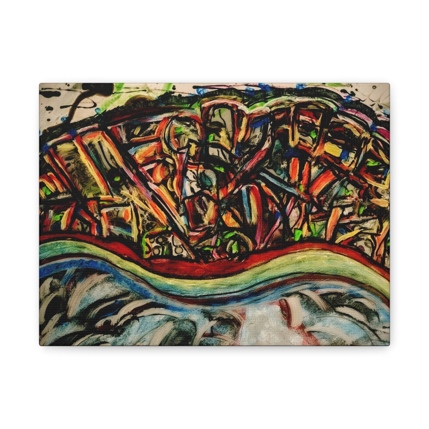 Acrylic_inequalities - Abstract Coastal Cityscape Canvas — Vibrant Ocean Wave Wall Art