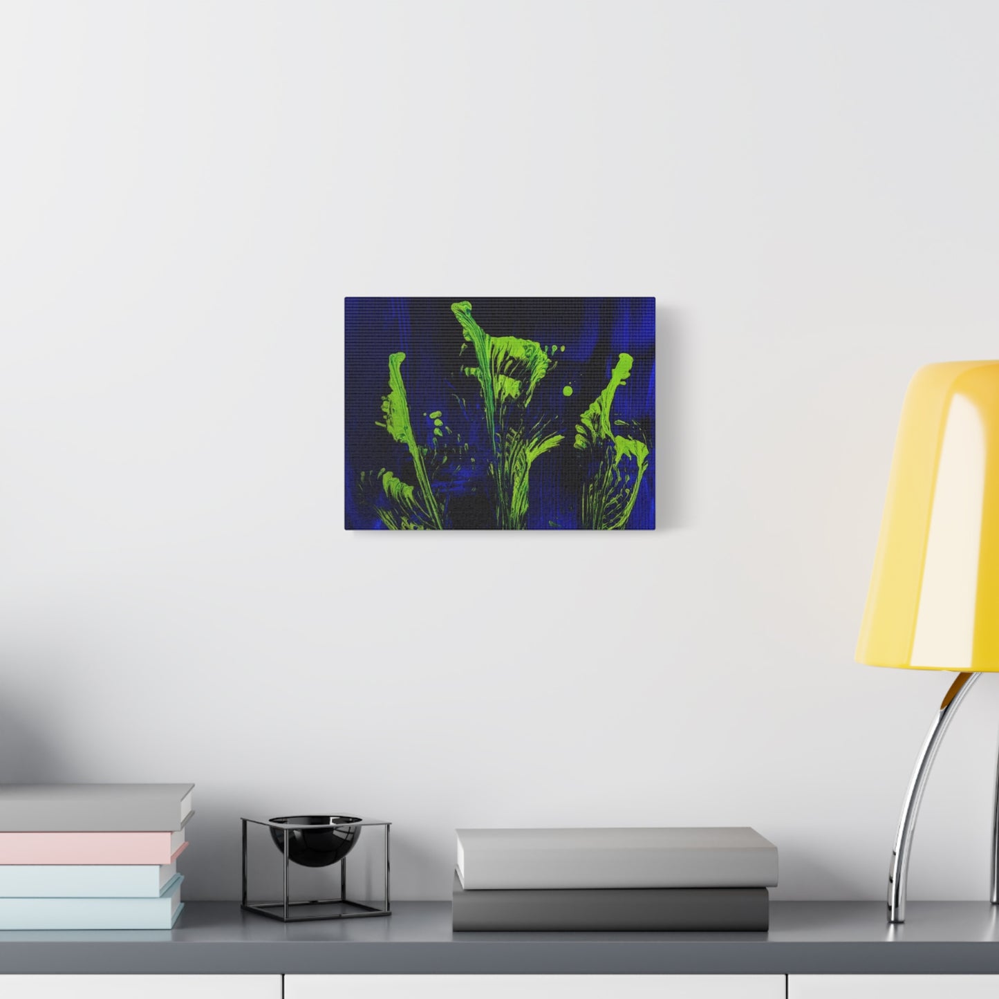 calla_lillies_pt.2 - Neon Floral Abstract Canvas Print — Blue & Lime Stretched Wall Art