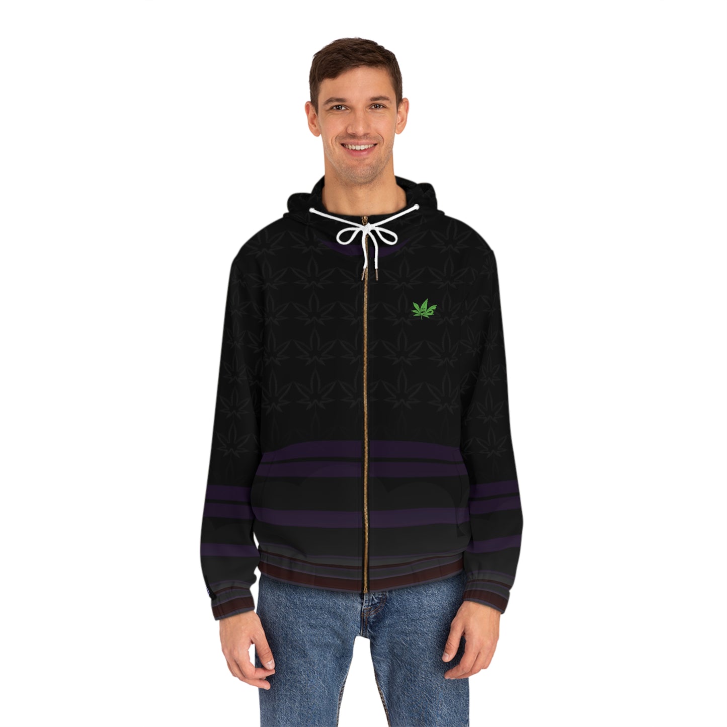 Men's Full-Zip Hoodie – Black Subtle Leaf Pattern with Purple Stripes & Green Emblem