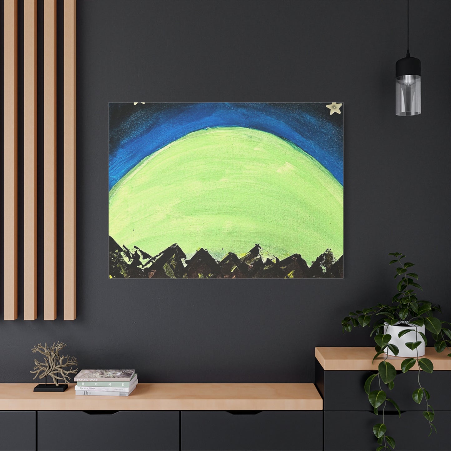 Green Moonrise Canvas Wall Art – Mountain Silhouette Nightscape