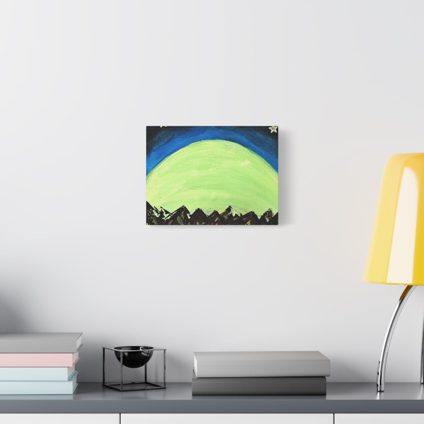 Green Moonrise Canvas Wall Art – Mountain Silhouette Nightscape