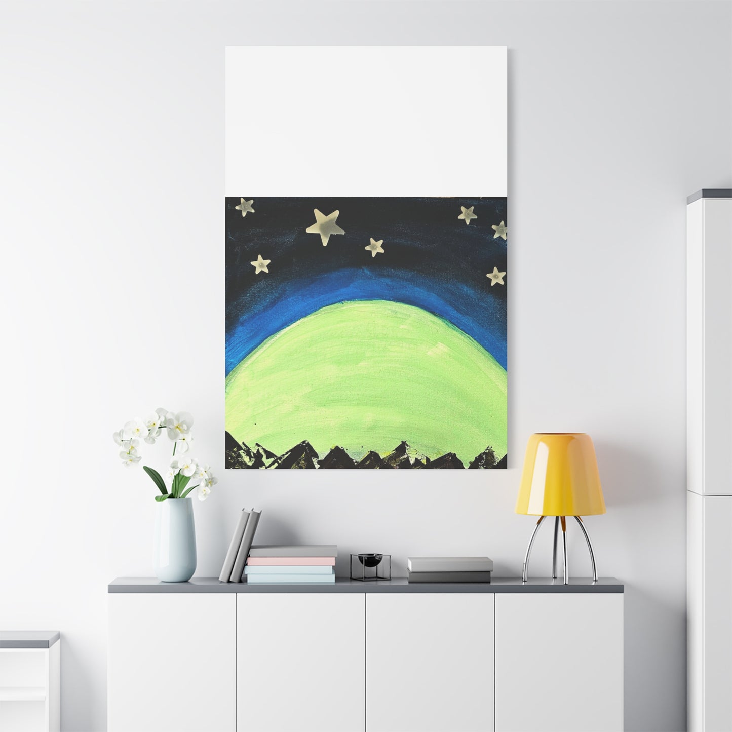 Green Moonrise Canvas Wall Art – Mountain Silhouette Nightscape
