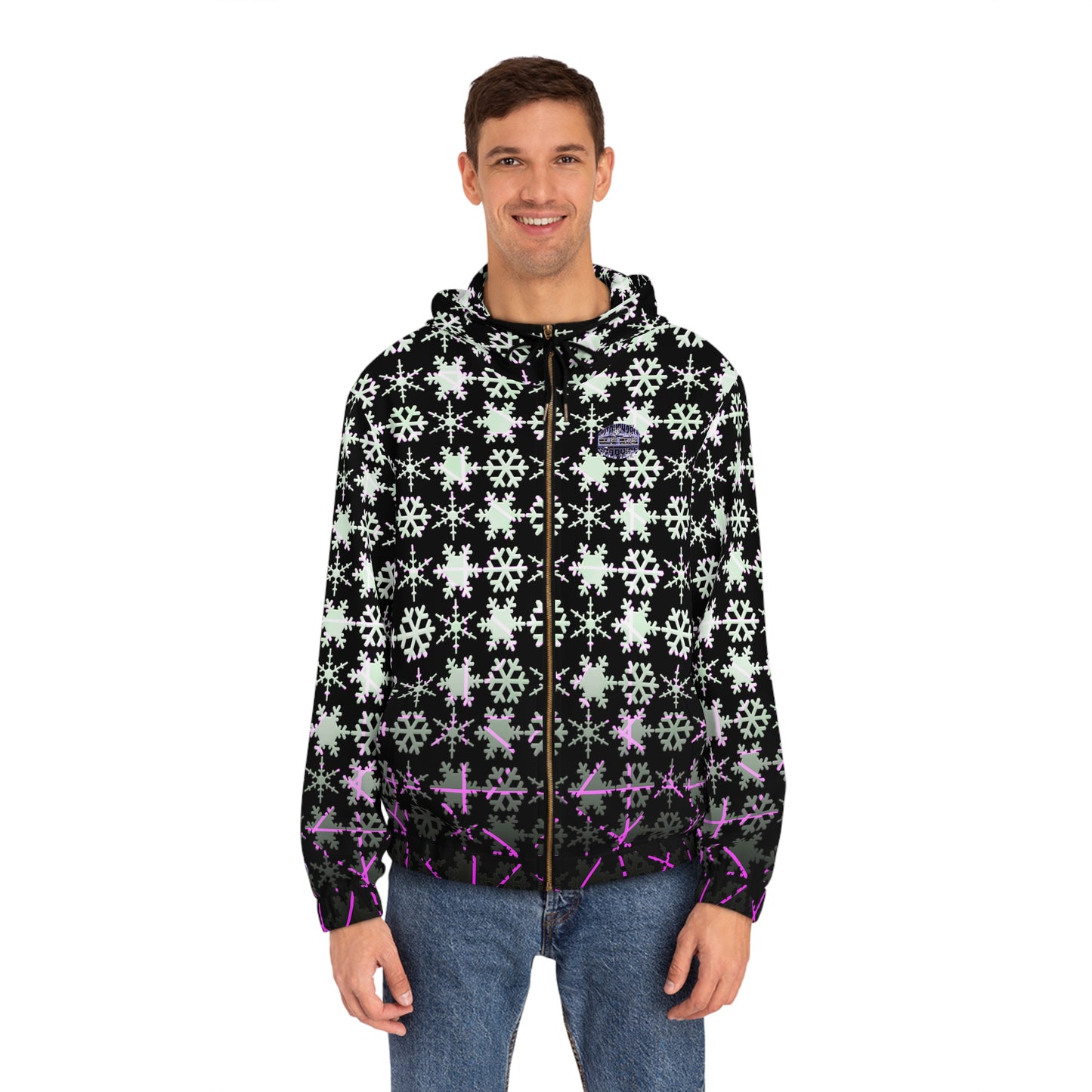 Snowflake Pattern Full-Zip Hoodie — Black & Purple Winter Zip-Up