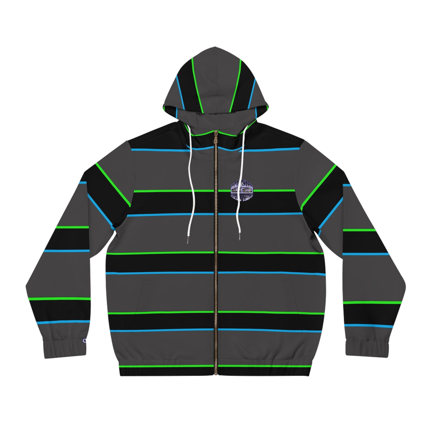 Men's Striped Full-Zip Hoodie — Neon Green & Blue Retro Stripe with Subtle Leaf Accent