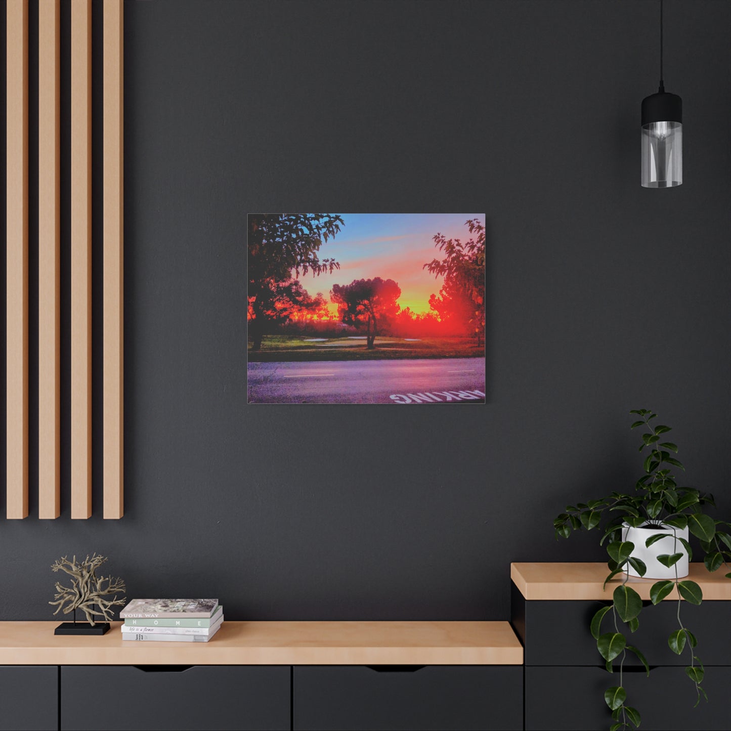 4th green @muni - Sunset Park Matte Canvas Print — Vibrant Red & Orange Landscape Wall Art