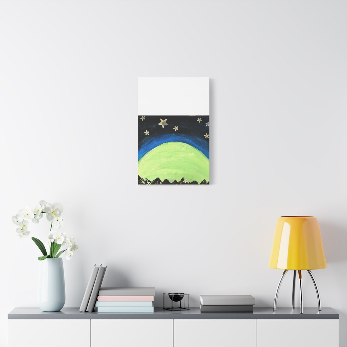 Green Moonrise Canvas Wall Art – Mountain Silhouette Nightscape