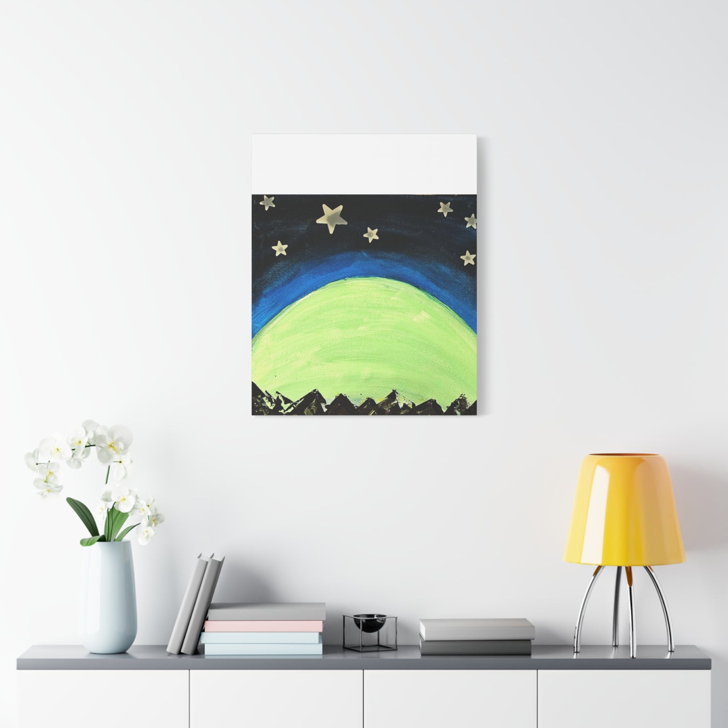 Green Moonrise Canvas Wall Art – Mountain Silhouette Nightscape