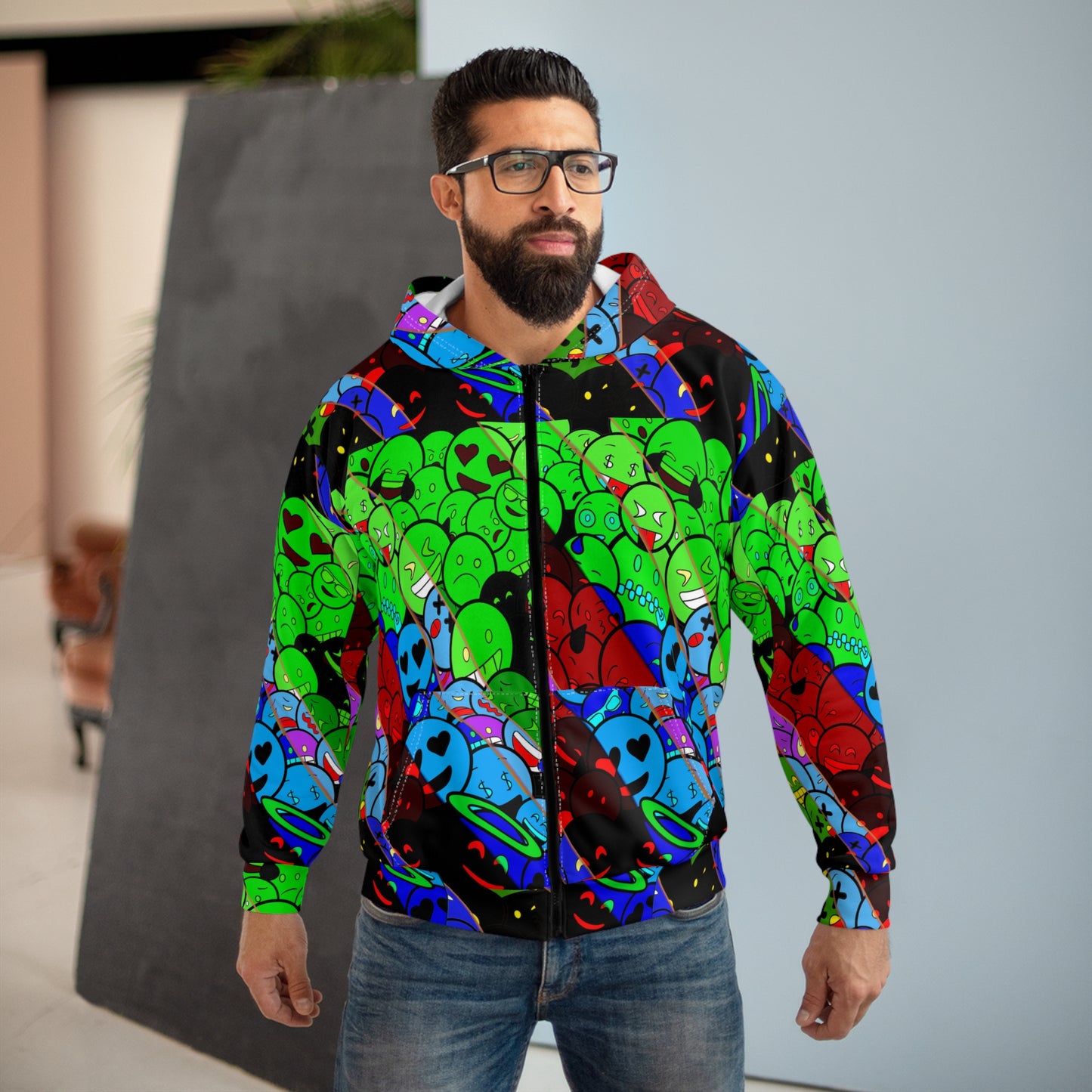 Emoji Galaxy Zip Hoodie — Neon Smiley Alien All-Over Print