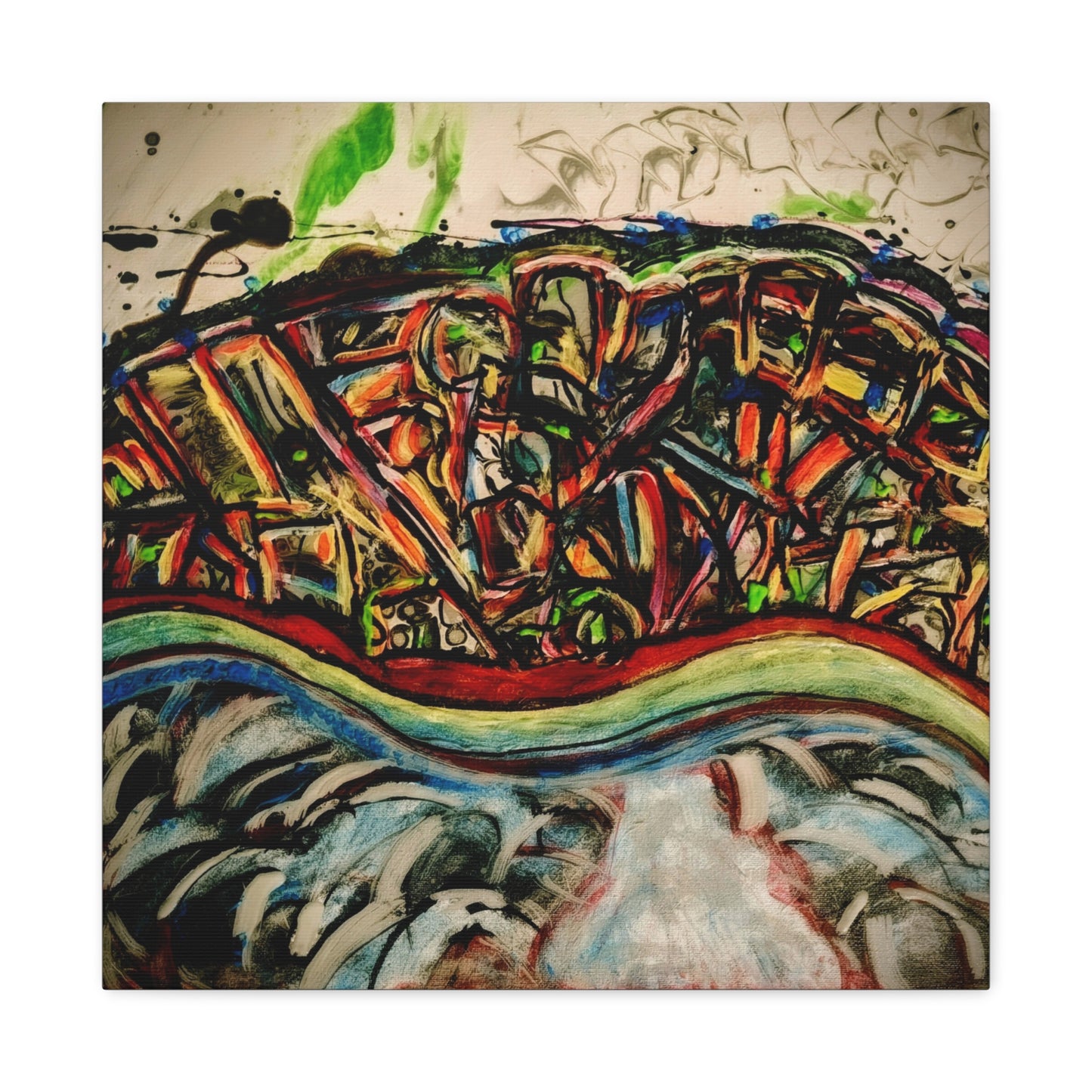 Acrylic_inequalities - Abstract Coastal Cityscape Canvas — Vibrant Ocean Wave Wall Art