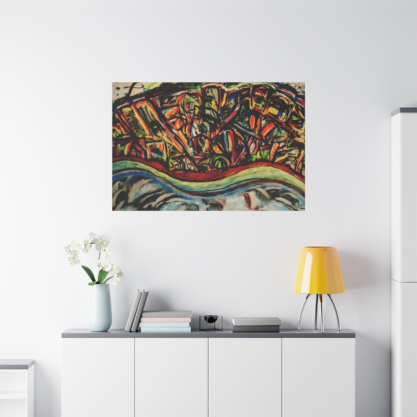 Acrylic_inequalities - Abstract Coastal Cityscape Canvas — Vibrant Ocean Wave Wall Art