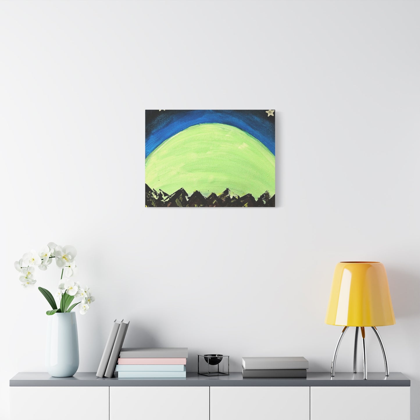 Green Moonrise Canvas Wall Art – Mountain Silhouette Nightscape