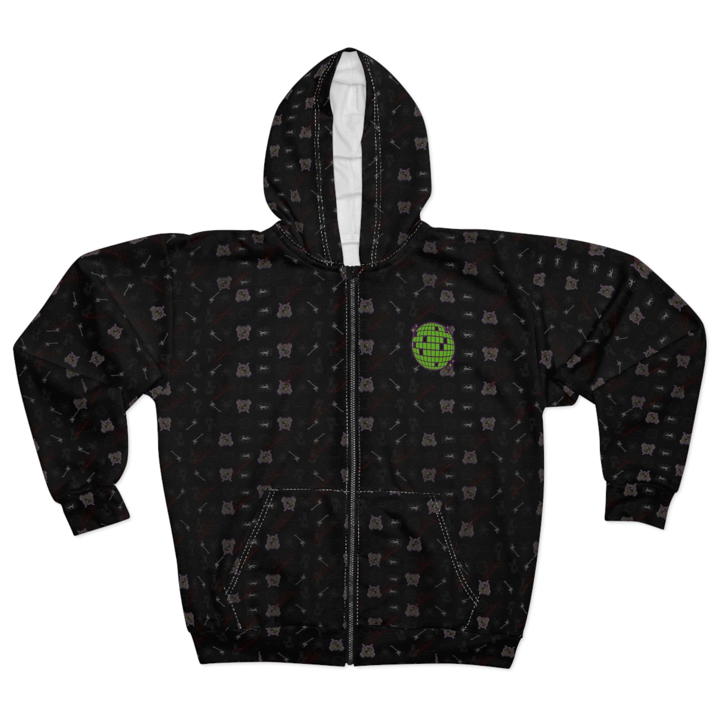 Black Grunge Pattern Zip Hoodie — All-Over Print Casual Streetwear