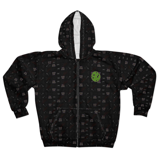 Black Grunge Pattern Zip Hoodie — All-Over Print Casual Streetwear