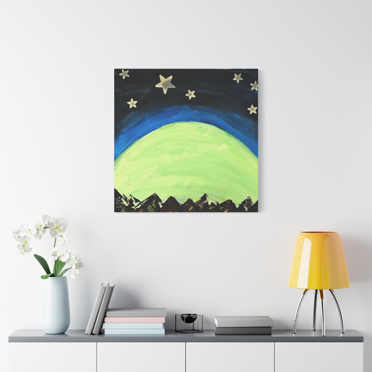 Green Moonrise Canvas Wall Art – Mountain Silhouette Nightscape