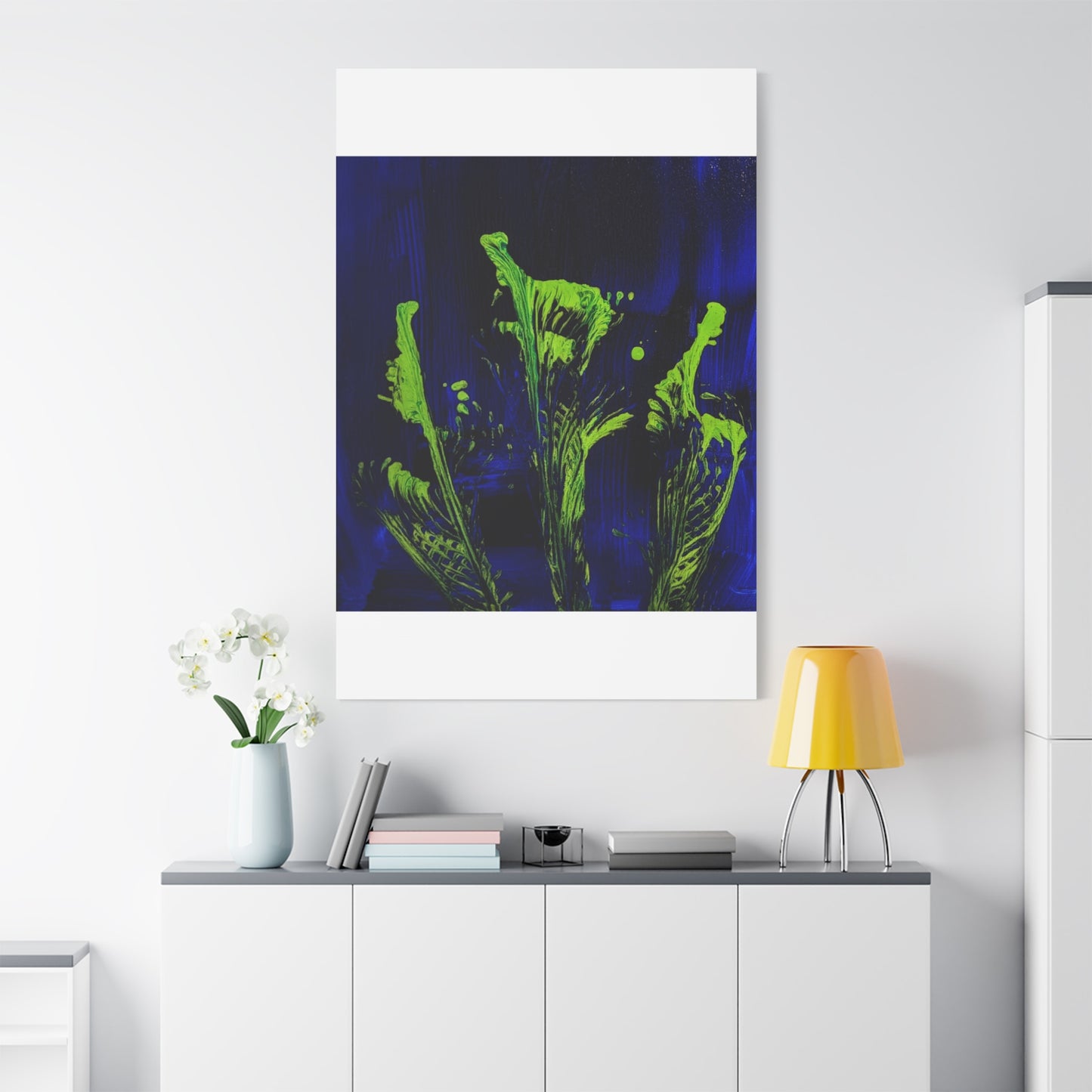calla_lillies_pt.2 - Neon Floral Abstract Canvas Print — Blue & Lime Stretched Wall Art