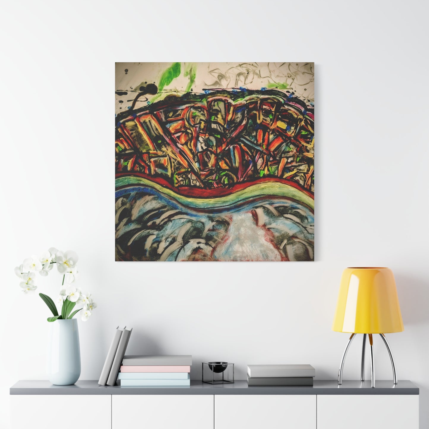 Acrylic_inequalities - Abstract Coastal Cityscape Canvas — Vibrant Ocean Wave Wall Art