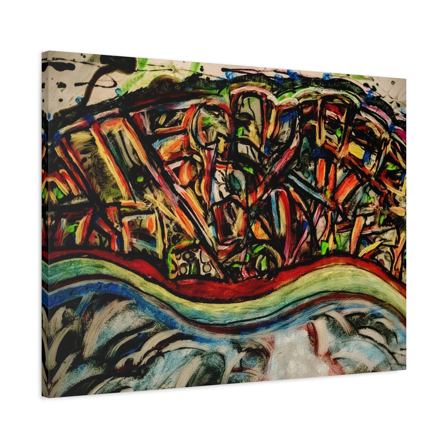 Acrylic_inequalities - Abstract Coastal Cityscape Canvas — Vibrant Ocean Wave Wall Art