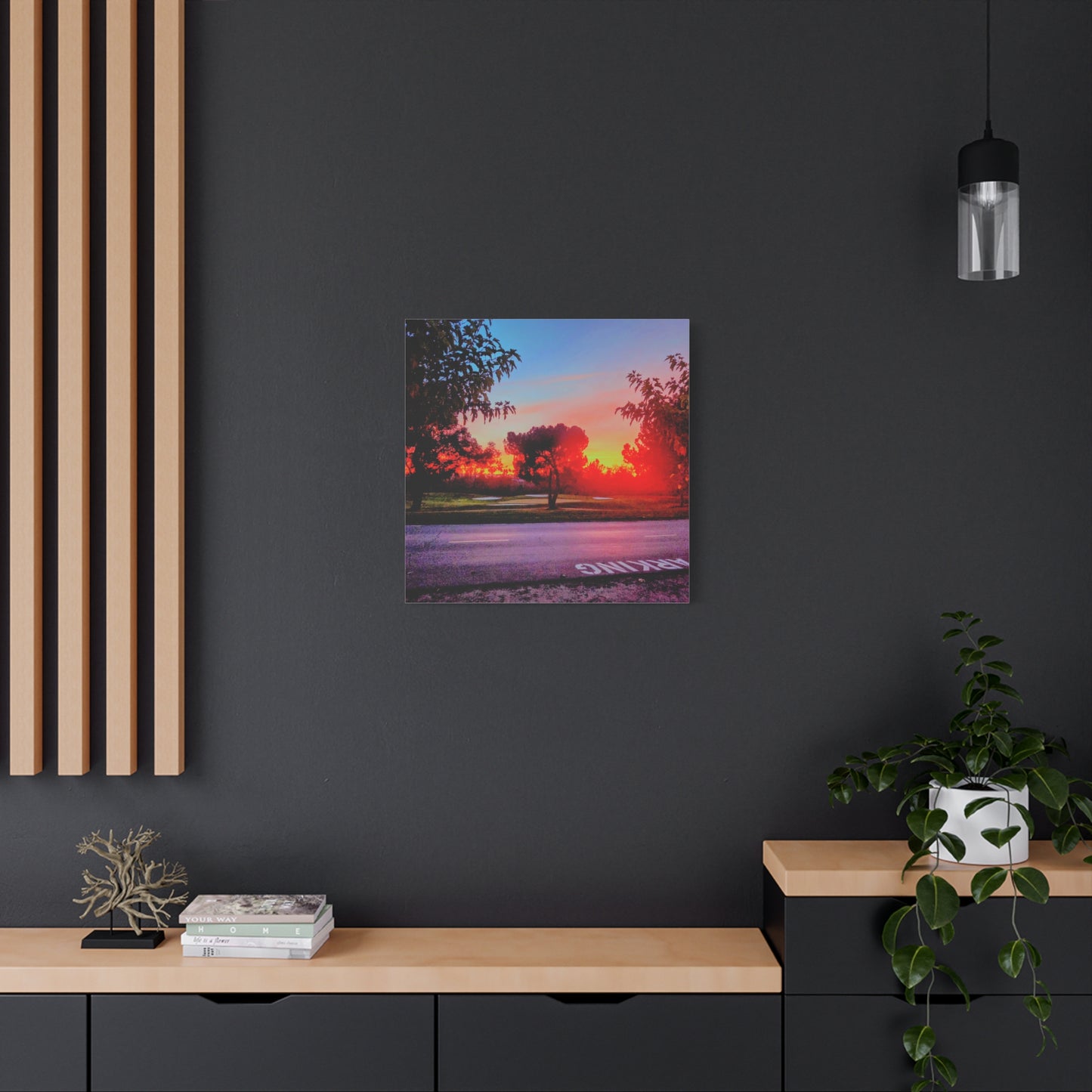 4th green @muni - Sunset Park Matte Canvas Print — Vibrant Red & Orange Landscape Wall Art