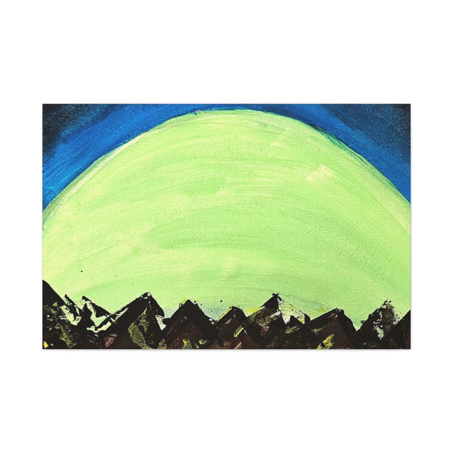 Green Moonrise Canvas Wall Art – Mountain Silhouette Nightscape