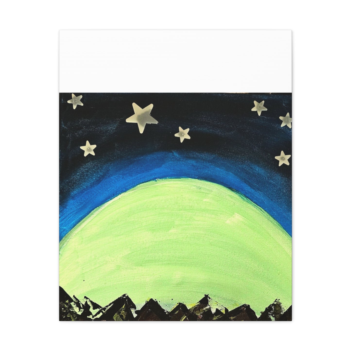 Green Moonrise Canvas Wall Art – Mountain Silhouette Nightscape