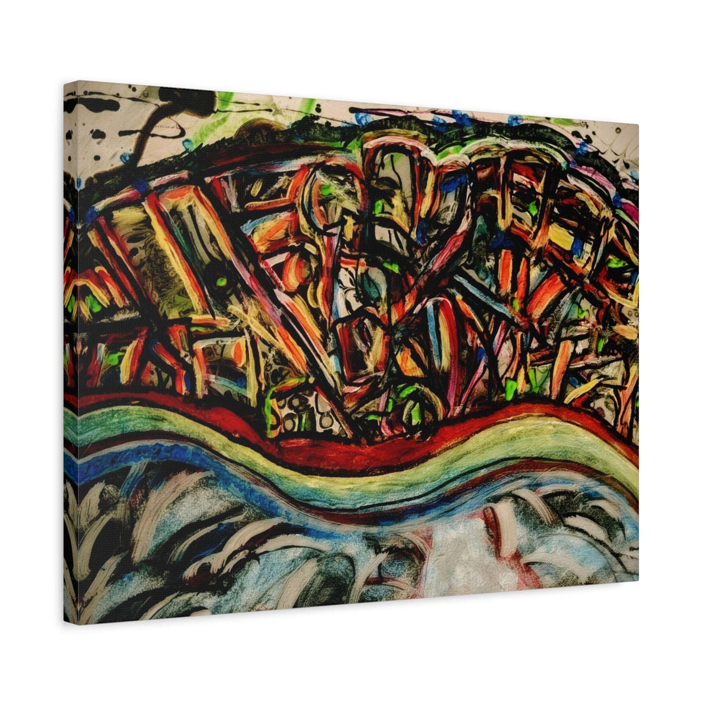 Acrylic_inequalities - Abstract Coastal Cityscape Canvas — Vibrant Ocean Wave Wall Art