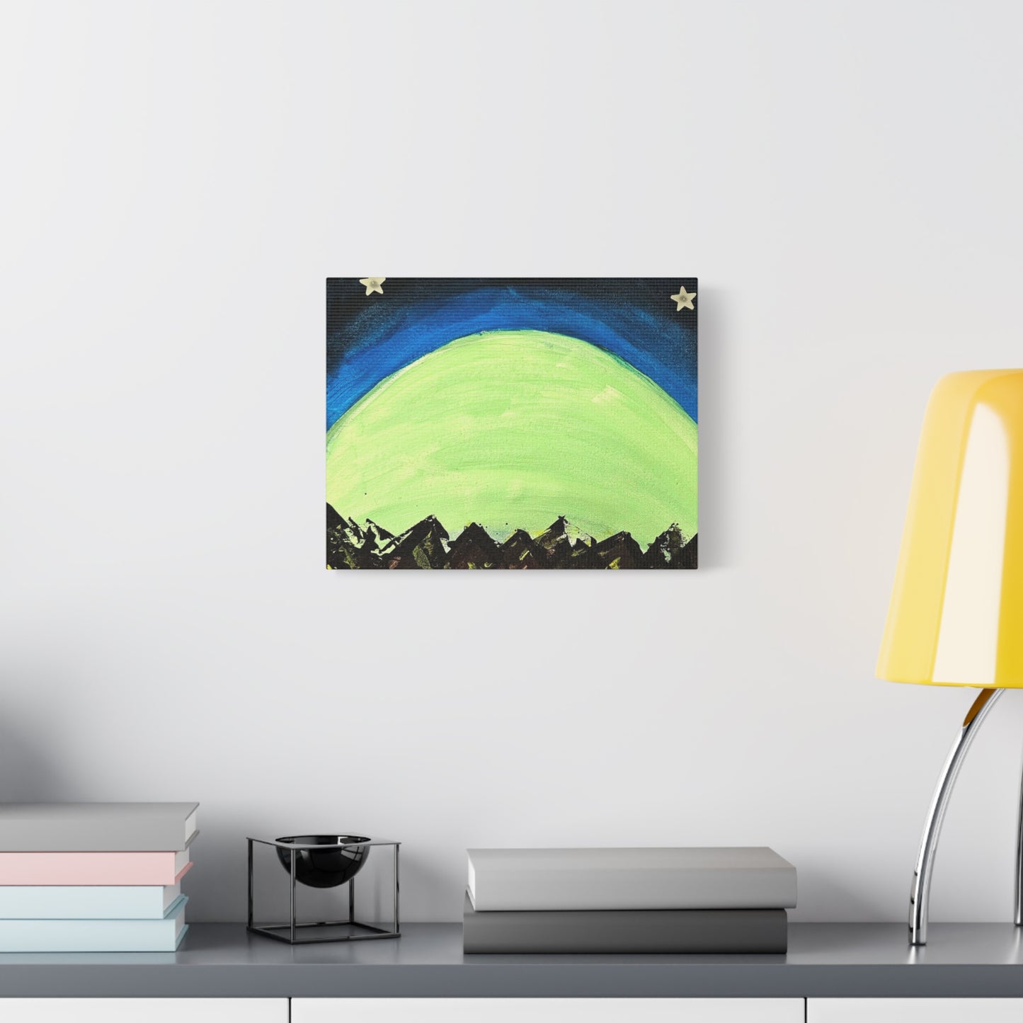 Green Moonrise Canvas Wall Art – Mountain Silhouette Nightscape