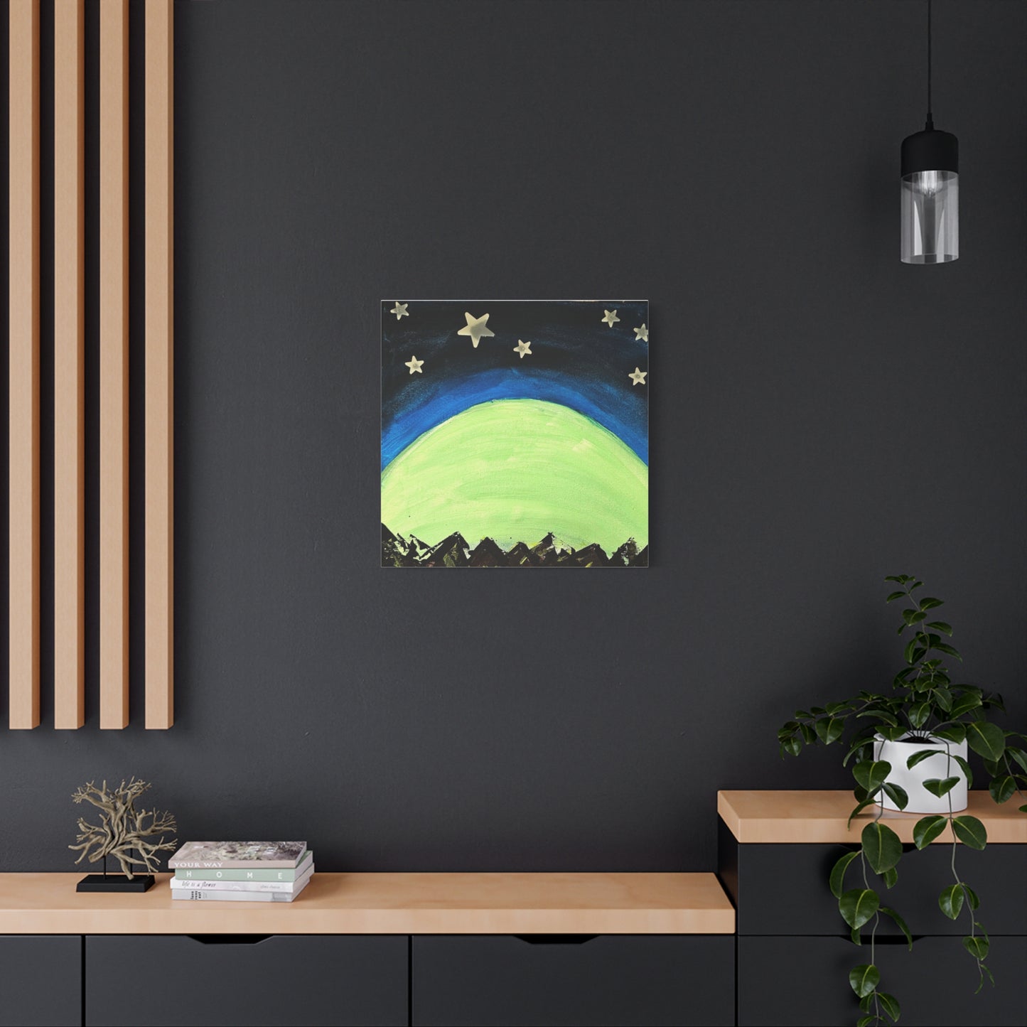 Green Moonrise Canvas Wall Art – Mountain Silhouette Nightscape