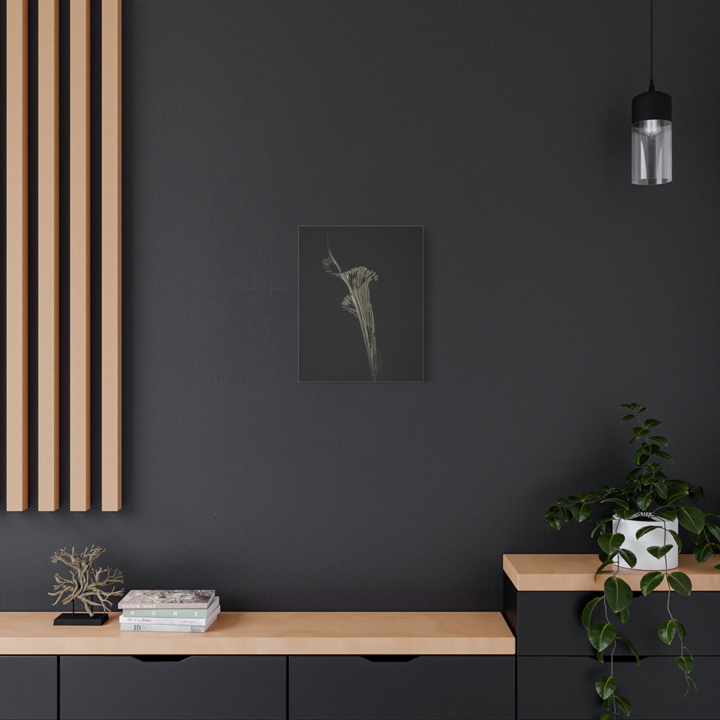 Calla Lilly - Minimalist Botanical Canvas Print — Monochrome Flower Art on Black Matte