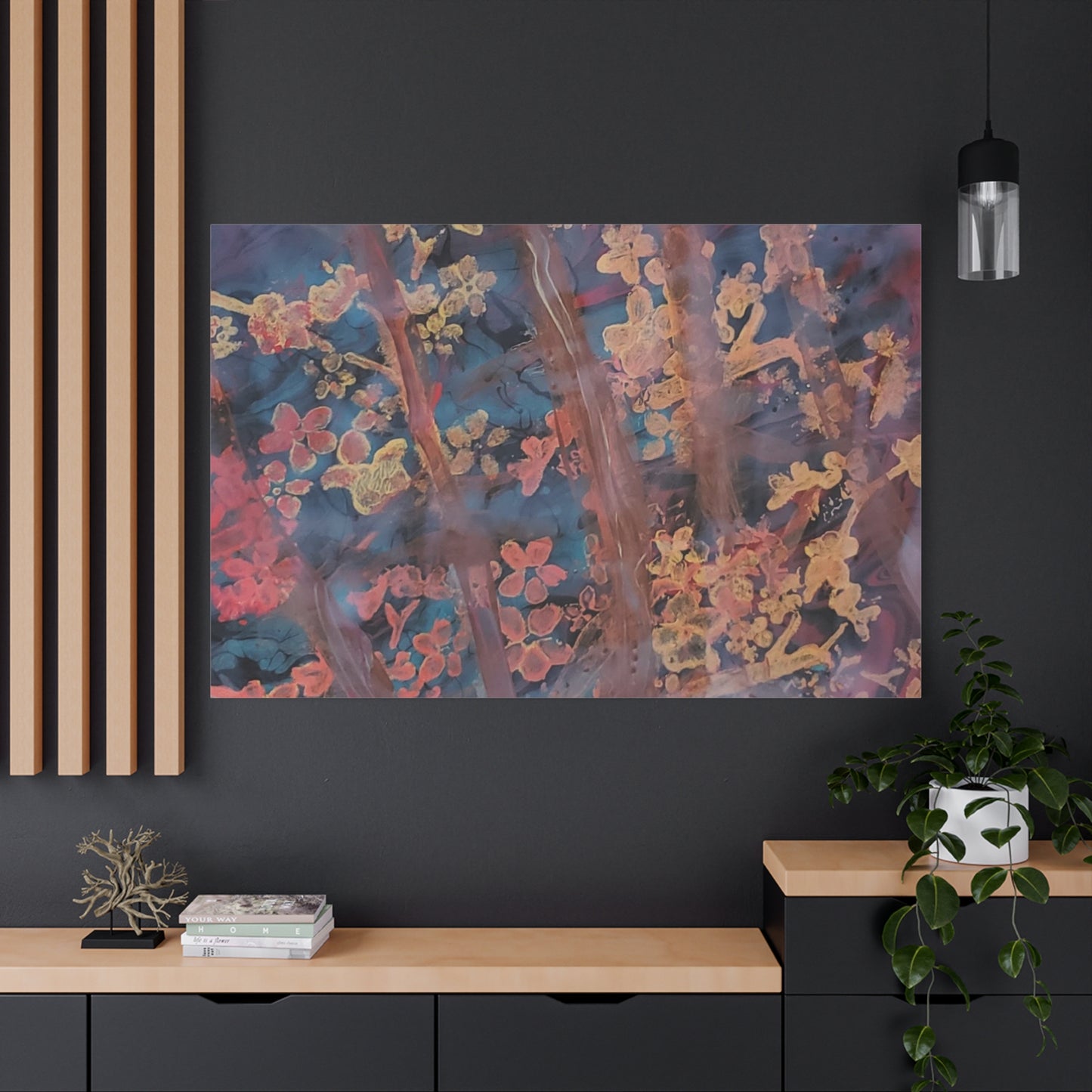 Abstract Floral Canvas Print — Moody Pink & Blue Stretched Wall Art