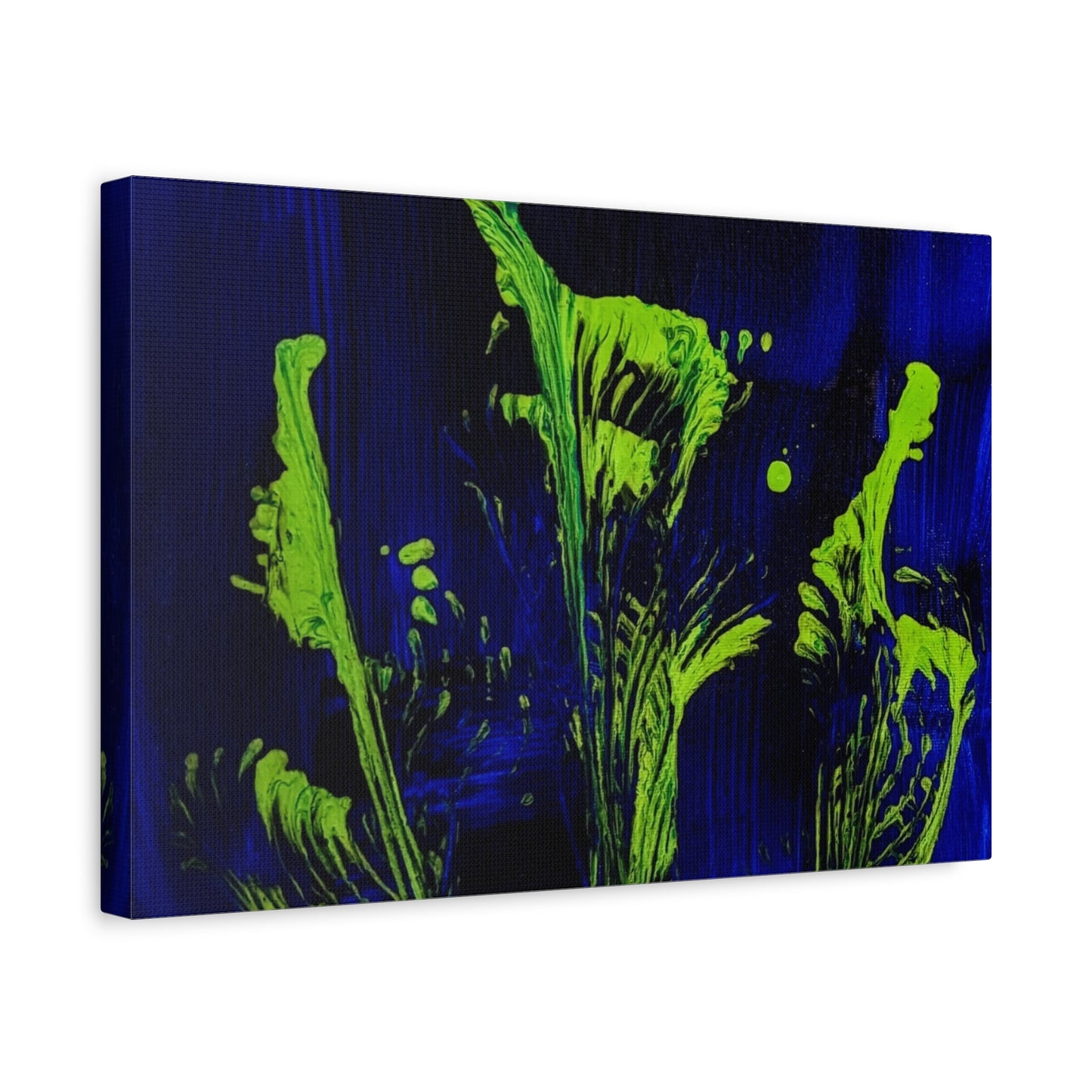 calla_lillies_pt.2 - Neon Floral Abstract Canvas Print — Blue & Lime Stretched Wall Art