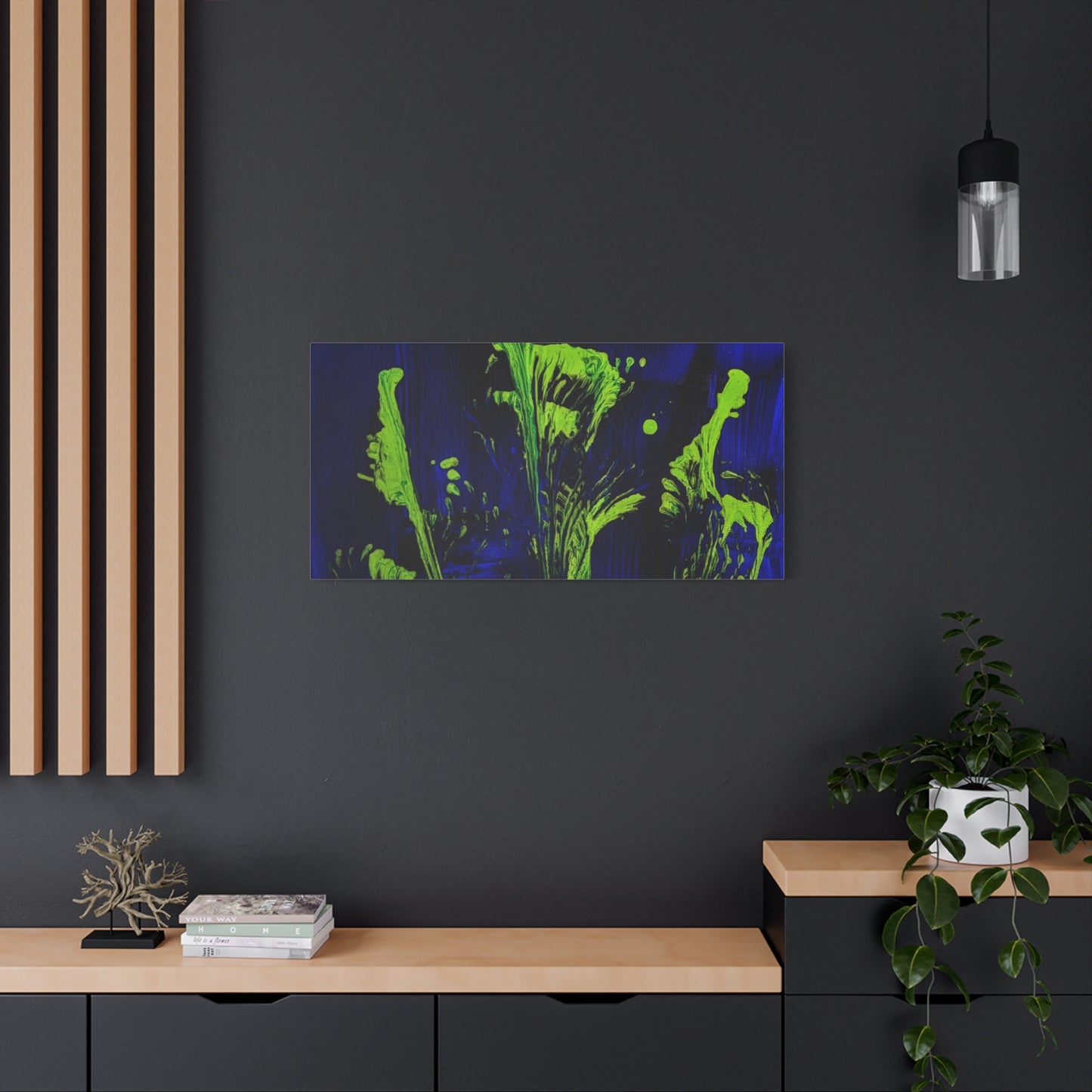 calla_lillies_pt.2 - Neon Floral Abstract Canvas Print — Blue & Lime Stretched Wall Art