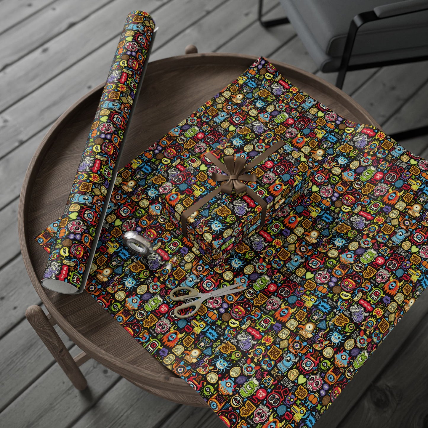 Wrapping Paper - Colorful Neon Emoji Doodles Gift Wrap (Halloween & Birthday)