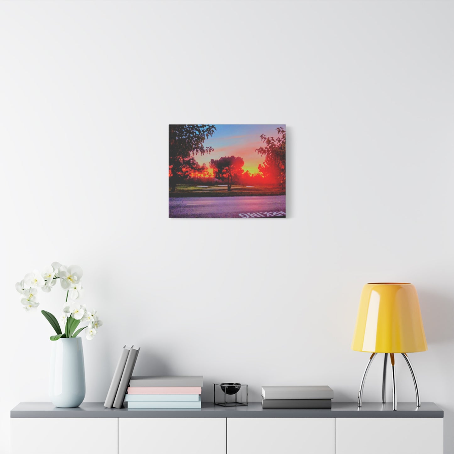 4th green @muni - Sunset Park Matte Canvas Print — Vibrant Red & Orange Landscape Wall Art