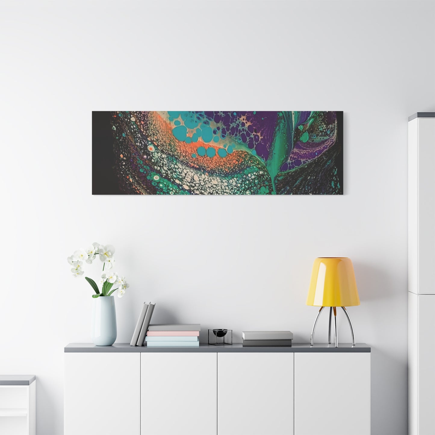 Abstract Fluid Art Canvas Print — Teal, Purple & Gold Swirl Matte Stretched Wall Art