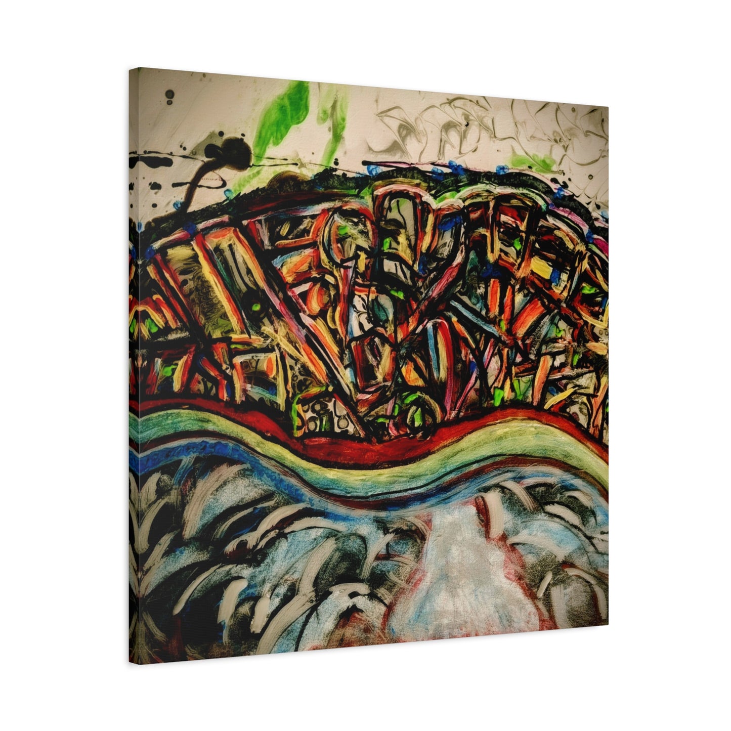 Acrylic_inequalities - Abstract Coastal Cityscape Canvas — Vibrant Ocean Wave Wall Art