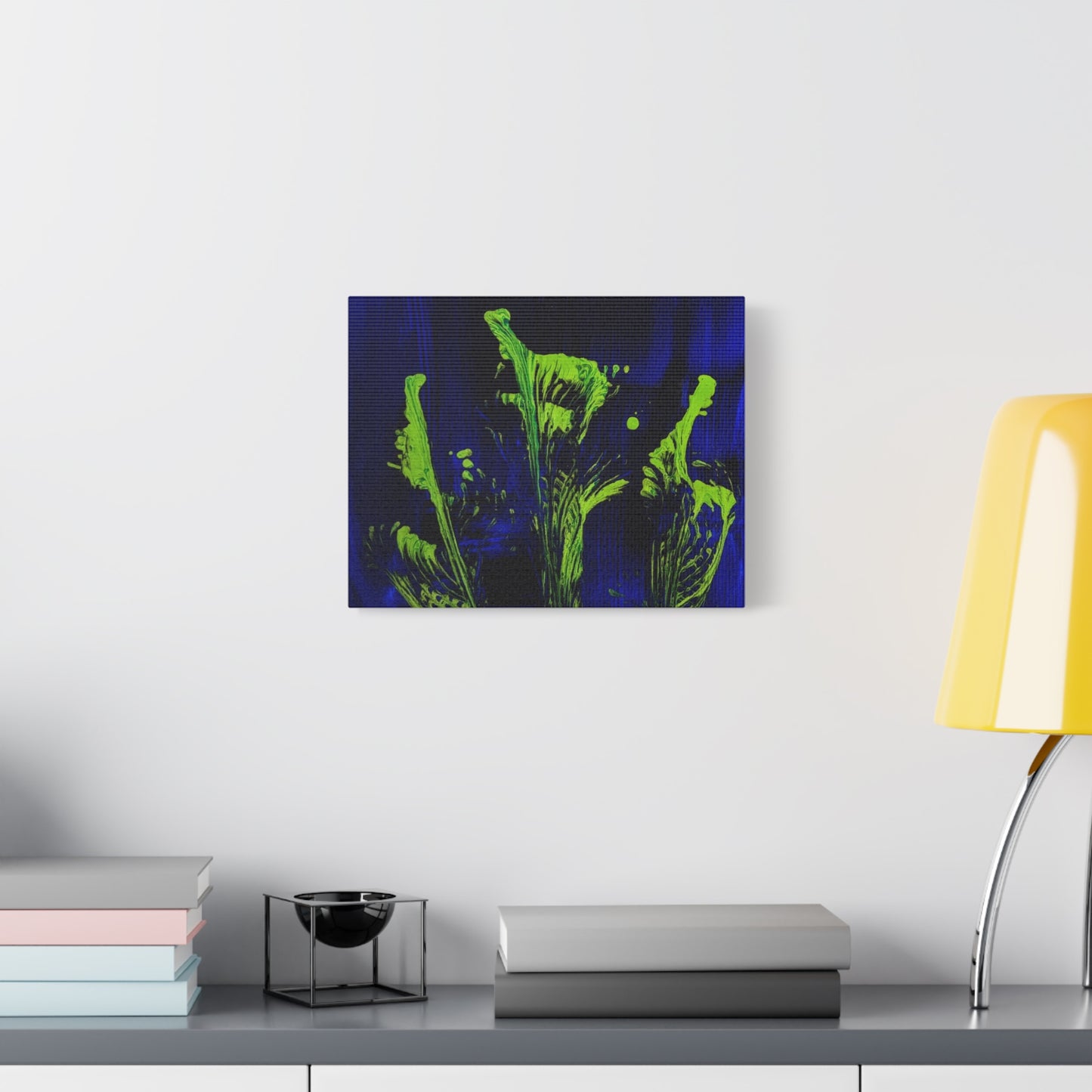 calla_lillies_pt.2 - Neon Floral Abstract Canvas Print — Blue & Lime Stretched Wall Art