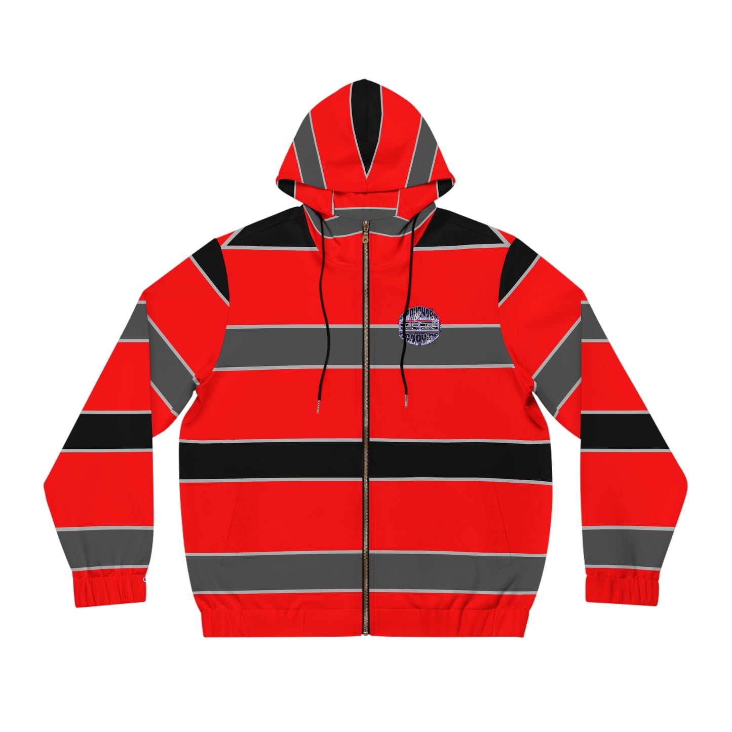 Red & Black Striped Full-Zip Hoodie — Bold Retro Skate Style