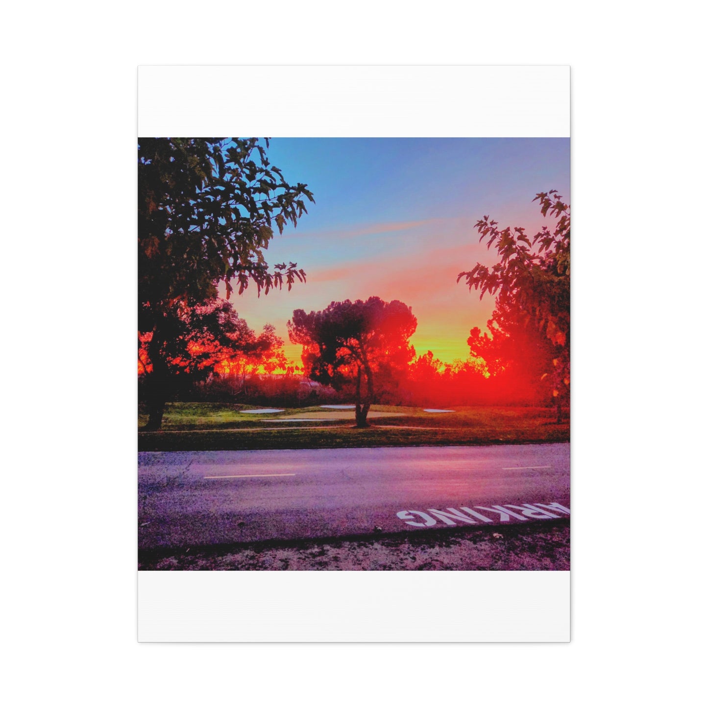 4th green @muni - Sunset Park Matte Canvas Print — Vibrant Red & Orange Landscape Wall Art
