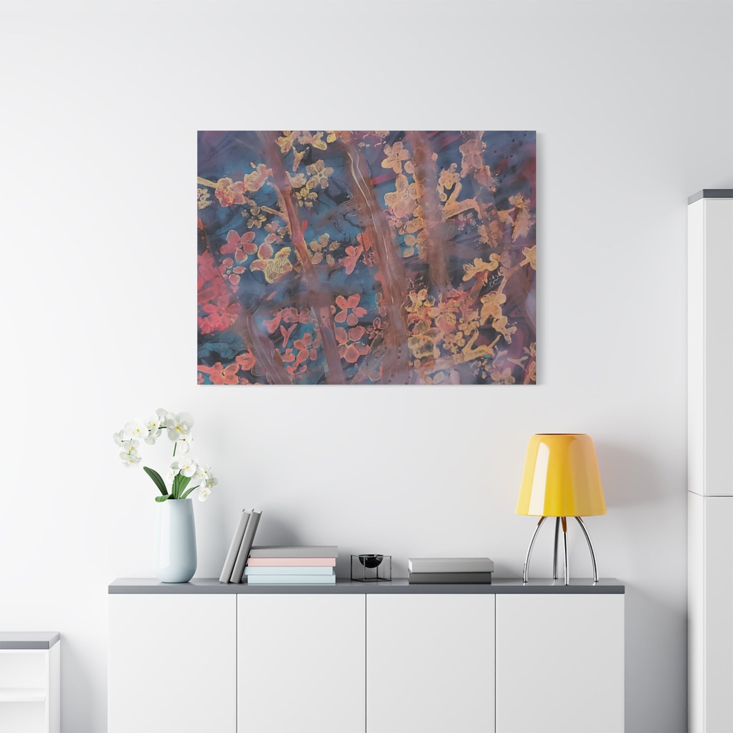 Abstract Floral Canvas Print — Moody Pink & Blue Stretched Wall Art
