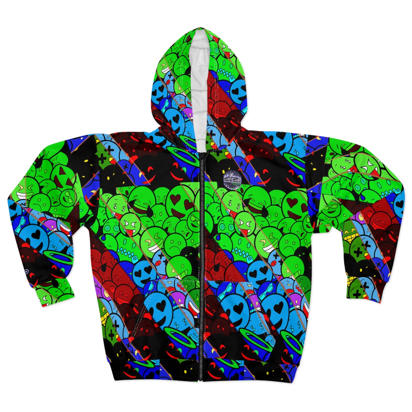 Emoji Galaxy Zip Hoodie — Neon Smiley Alien All-Over Print
