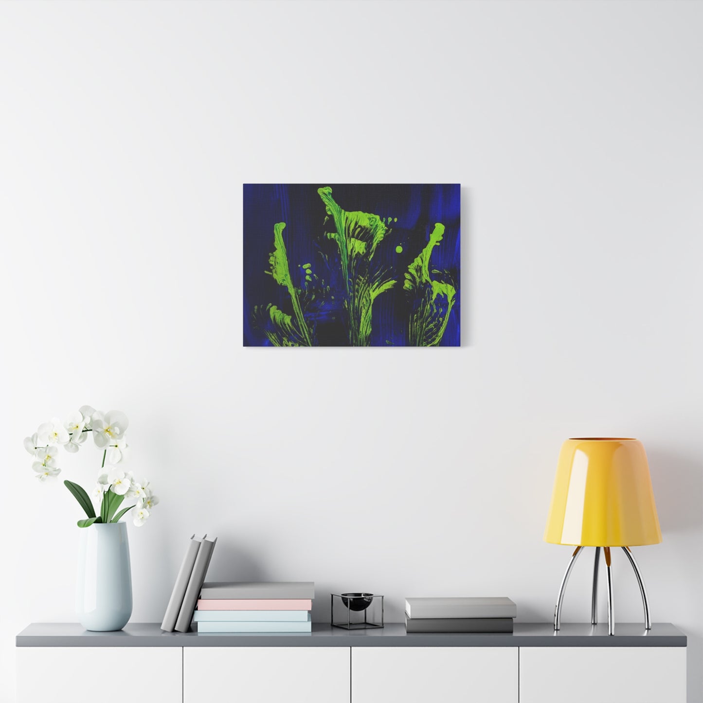 calla_lillies_pt.2 - Neon Floral Abstract Canvas Print — Blue & Lime Stretched Wall Art
