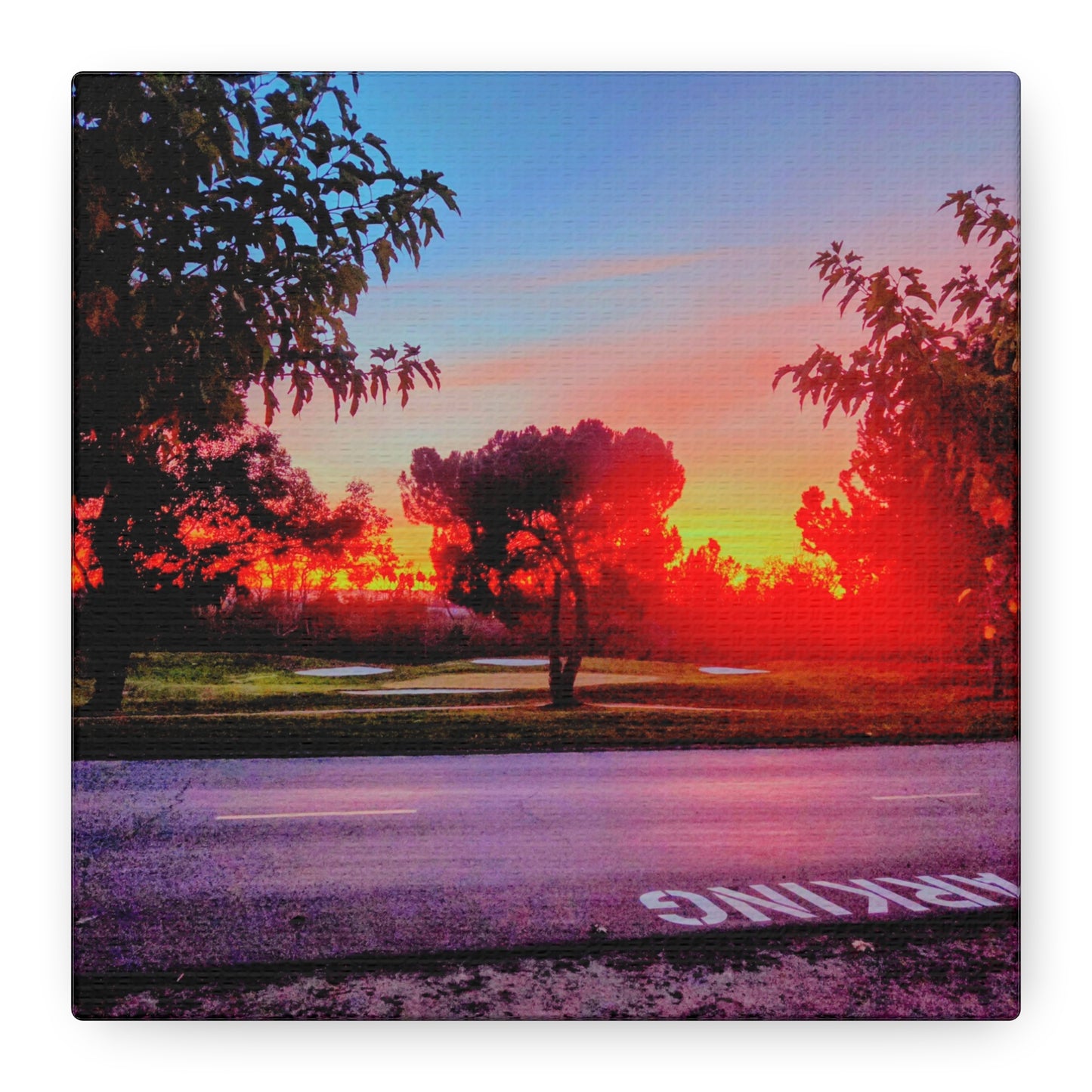 4th green @muni - Sunset Park Matte Canvas Print — Vibrant Red & Orange Landscape Wall Art
