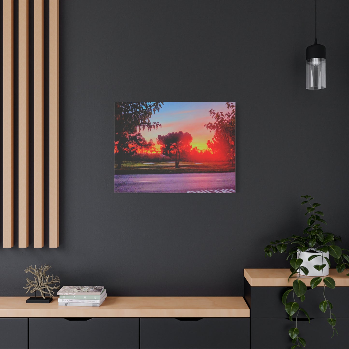 4th green @muni - Sunset Park Matte Canvas Print — Vibrant Red & Orange Landscape Wall Art