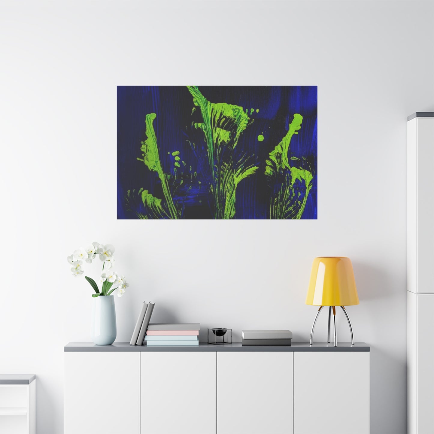 calla_lillies_pt.2 - Neon Floral Abstract Canvas Print — Blue & Lime Stretched Wall Art