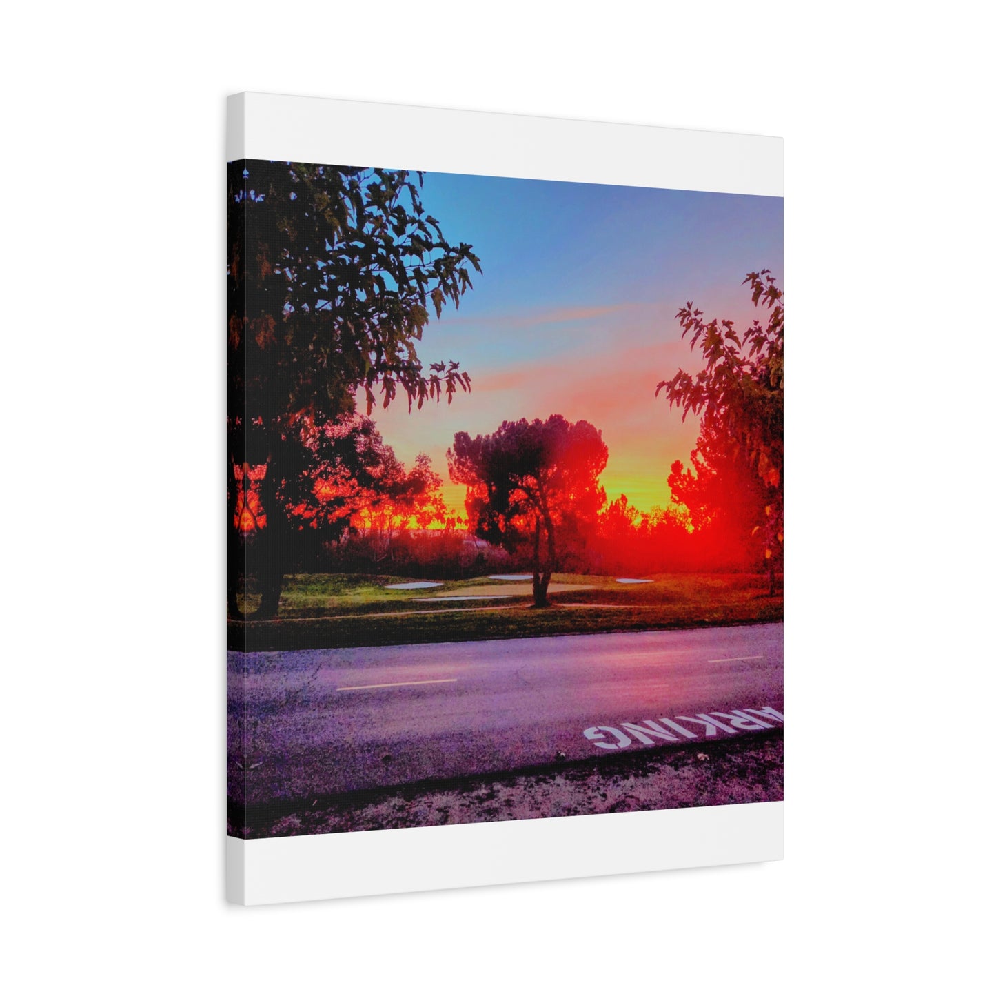 4th green @muni - Sunset Park Matte Canvas Print — Vibrant Red & Orange Landscape Wall Art