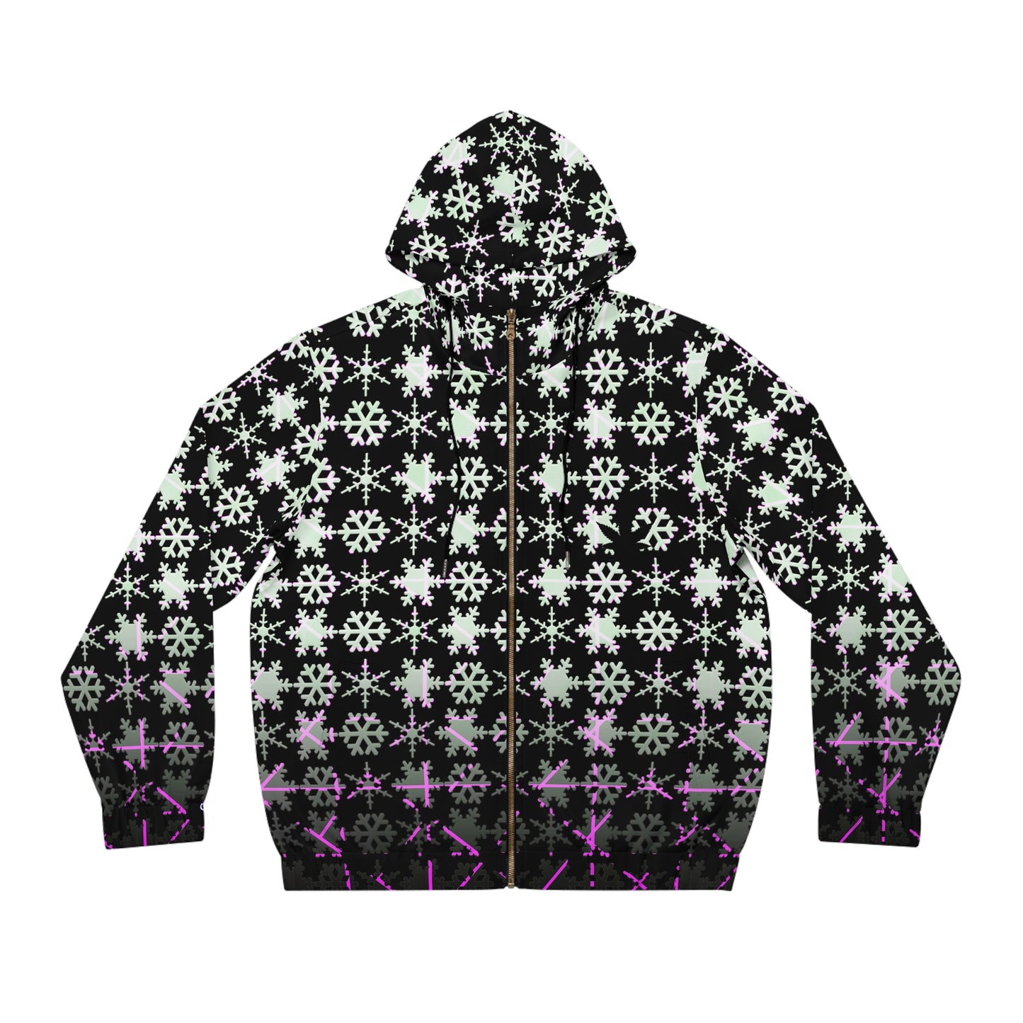 Snowflake Pattern Full-Zip Hoodie — Black & Purple Winter Zip-Up
