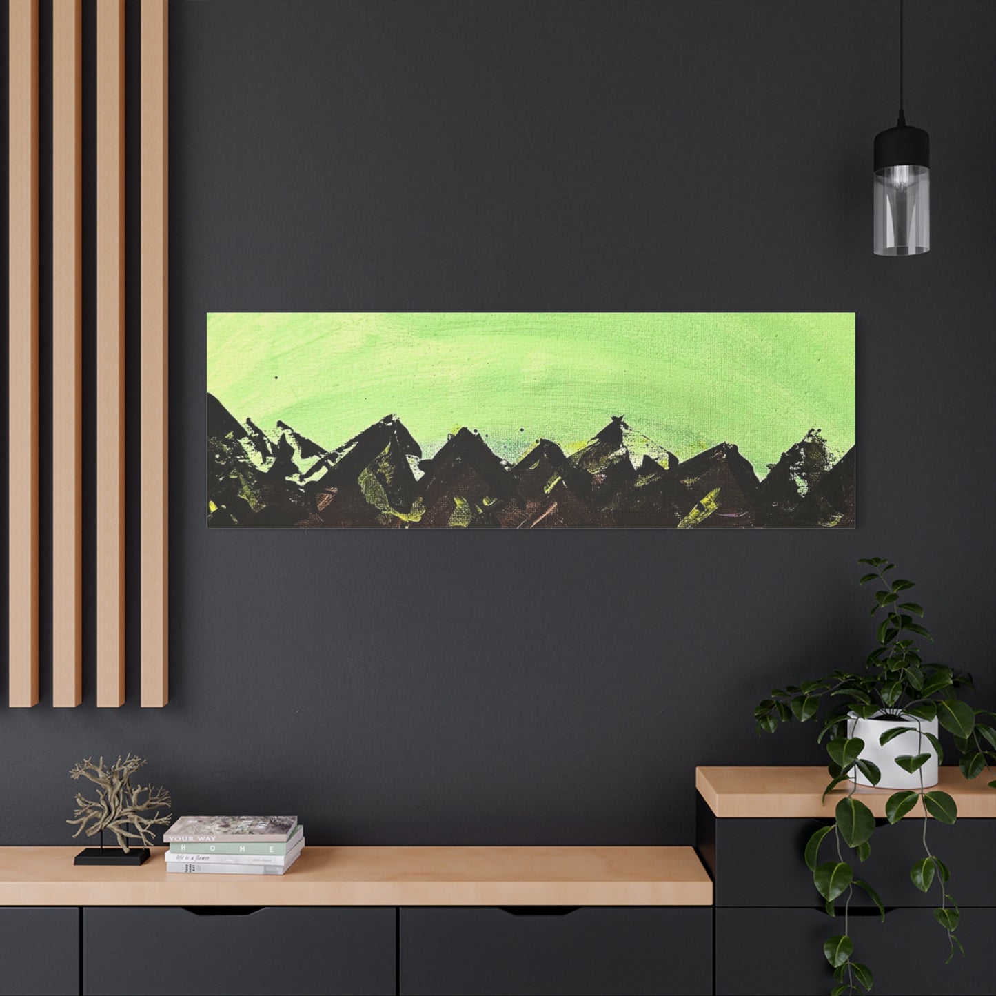 Green Moonrise Canvas Wall Art – Mountain Silhouette Nightscape