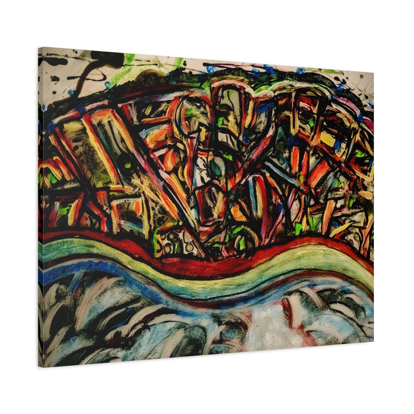 Acrylic_inequalities - Abstract Coastal Cityscape Canvas — Vibrant Ocean Wave Wall Art