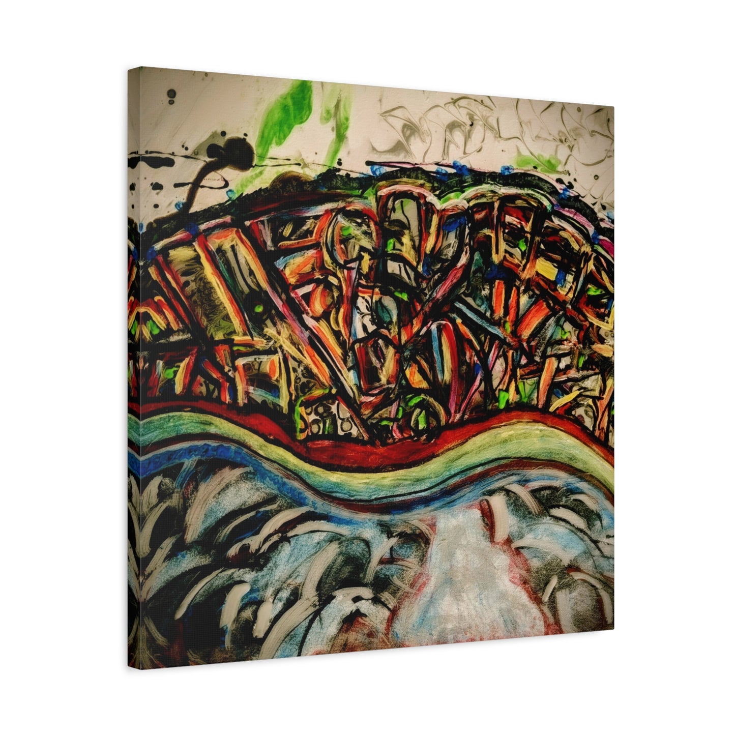 Acrylic_inequalities - Abstract Coastal Cityscape Canvas — Vibrant Ocean Wave Wall Art